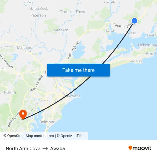 North Arm Cove to Awaba map