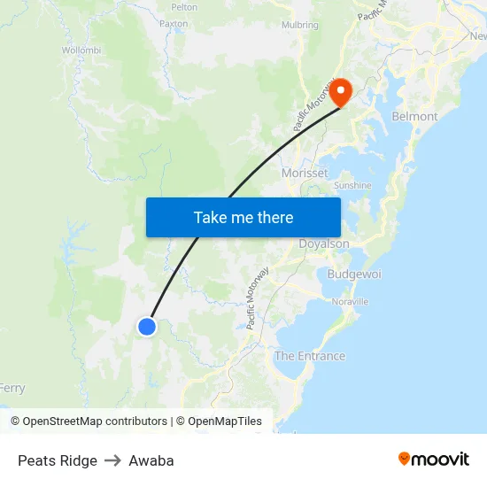 Peats Ridge to Awaba map