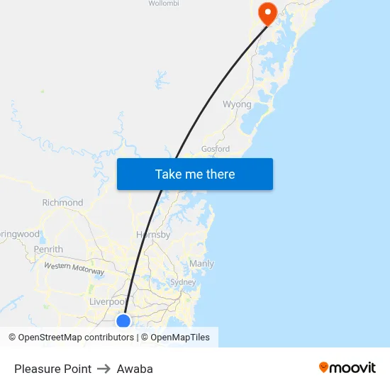 Pleasure Point to Awaba map
