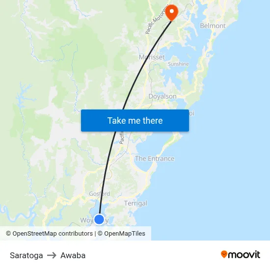 Saratoga to Awaba map