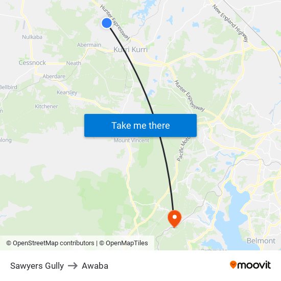 Sawyers Gully to Awaba map