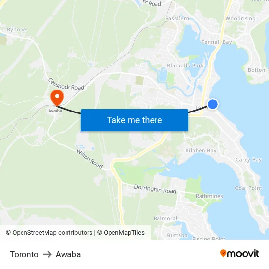 Toronto to Awaba map