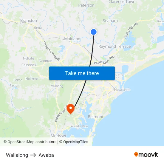 Wallalong to Awaba map