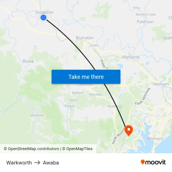 Warkworth to Awaba map
