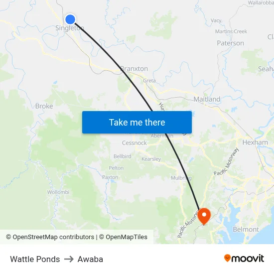 Wattle Ponds to Awaba map