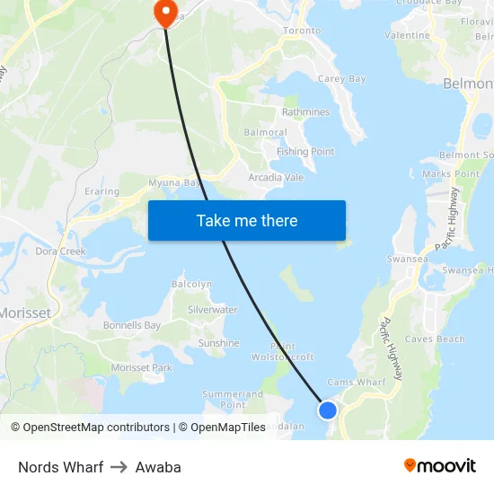 Nords Wharf to Awaba map