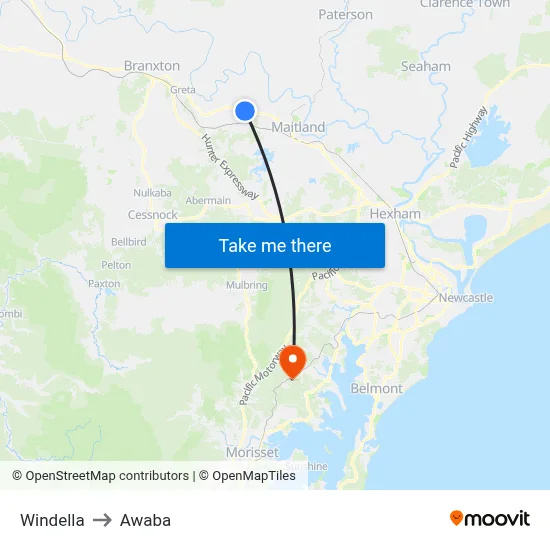 Windella to Awaba map