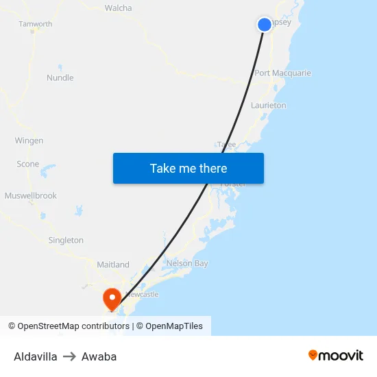 Aldavilla to Awaba map