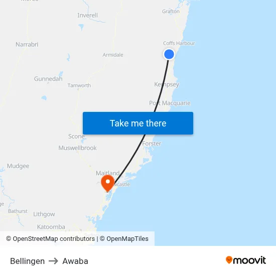 Bellingen to Awaba map