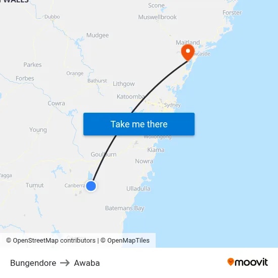 Bungendore to Awaba map
