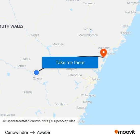 Canowindra to Awaba map