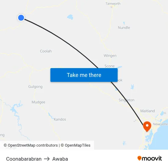 Coonabarabran to Awaba map