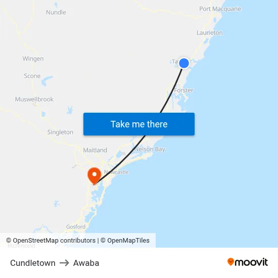 Cundletown to Awaba map