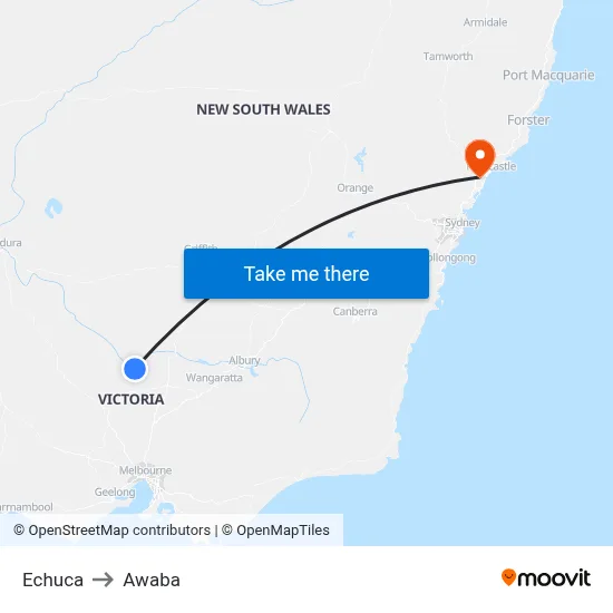 Echuca to Awaba map