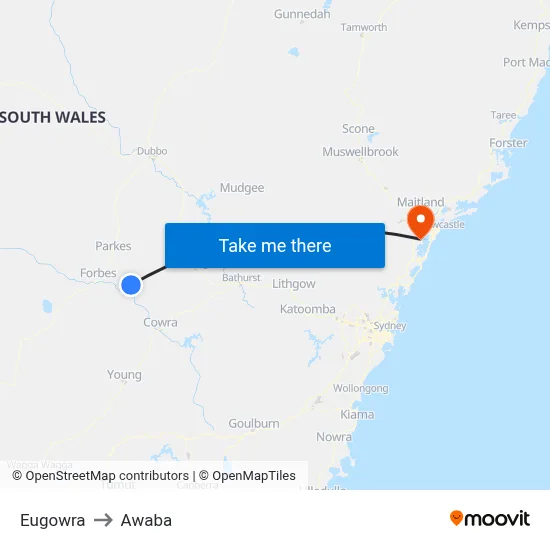 Eugowra to Awaba map
