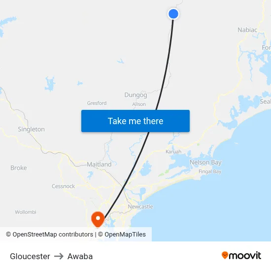 Gloucester to Awaba map