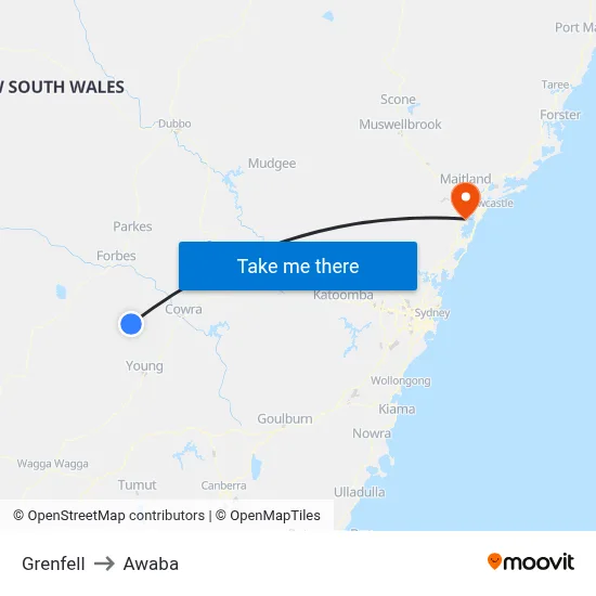 Grenfell to Awaba map