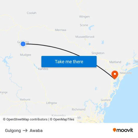 Gulgong to Awaba map