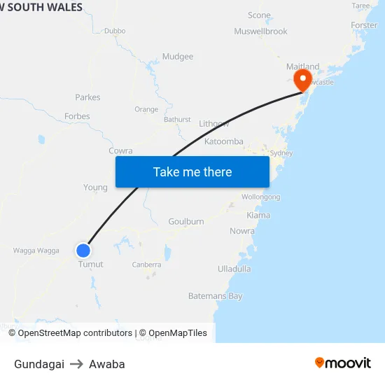 Gundagai to Awaba map