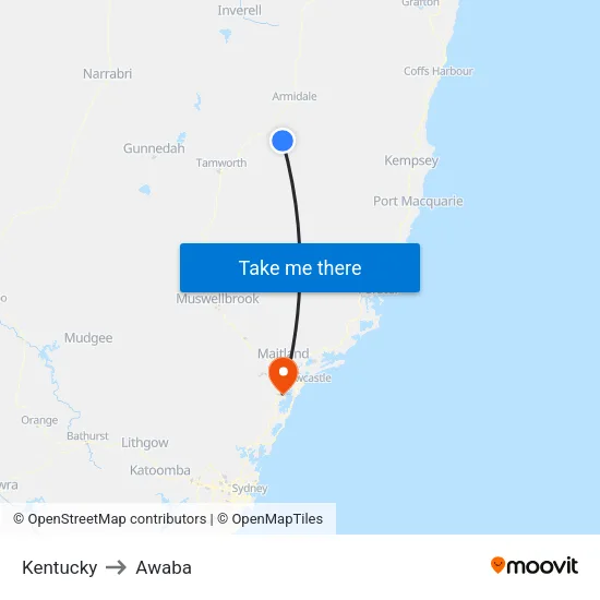 Kentucky to Awaba map