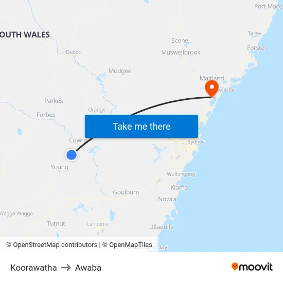 Koorawatha to Awaba map