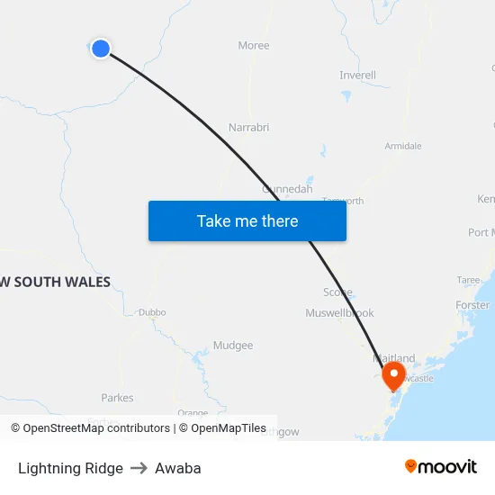 Lightning Ridge to Awaba map