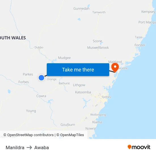 Manildra to Awaba map