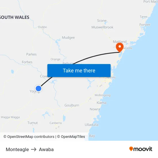 Monteagle to Awaba map