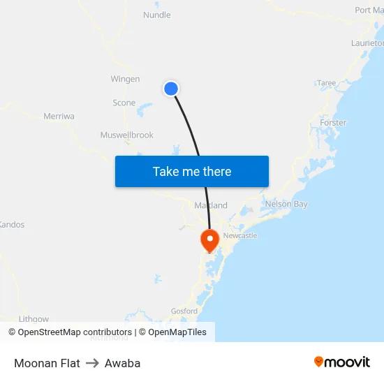 Moonan Flat to Awaba map