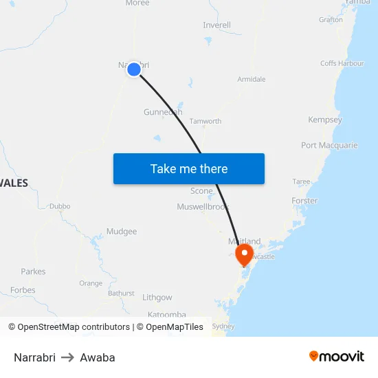 Narrabri to Awaba map