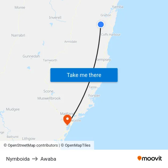 Nymboida to Awaba map