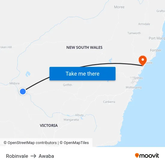 Robinvale to Awaba map