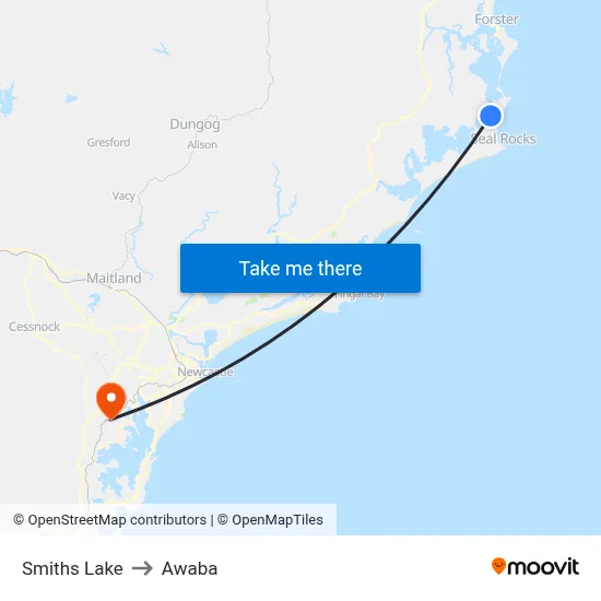 Smiths Lake to Awaba map