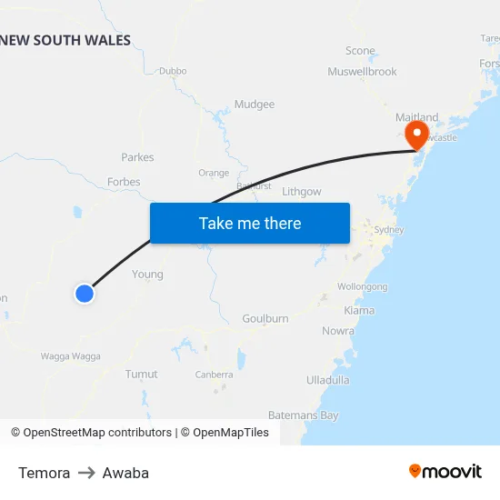 Temora to Awaba map