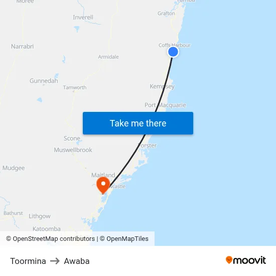Toormina to Awaba map