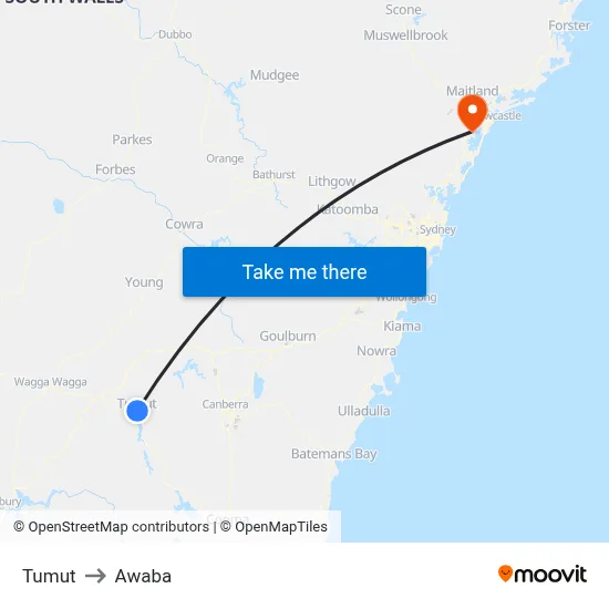 Tumut to Awaba map