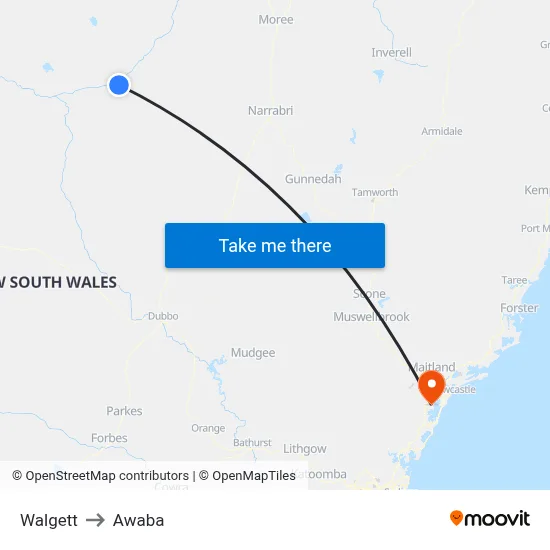 Walgett to Awaba map