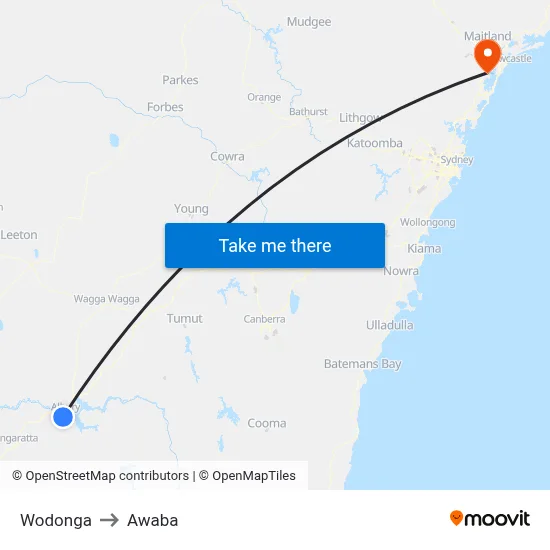 Wodonga to Awaba map