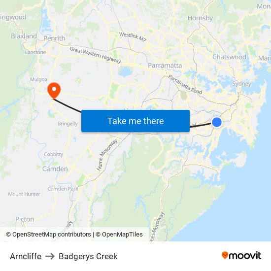 Arncliffe to Badgerys Creek map