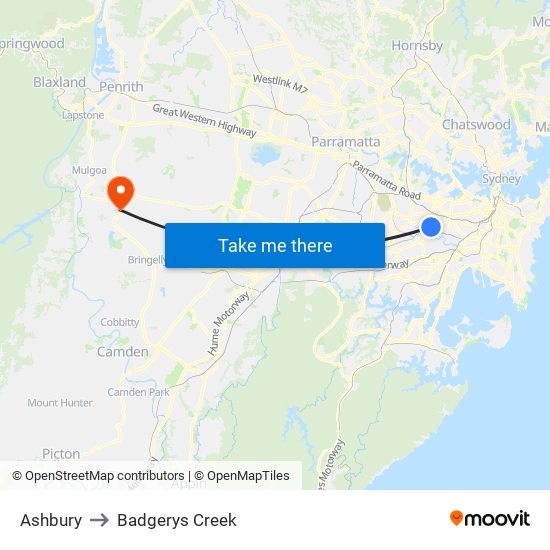 Ashbury to Badgerys Creek map