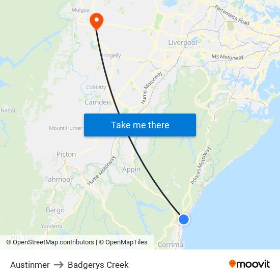 Austinmer to Badgerys Creek map