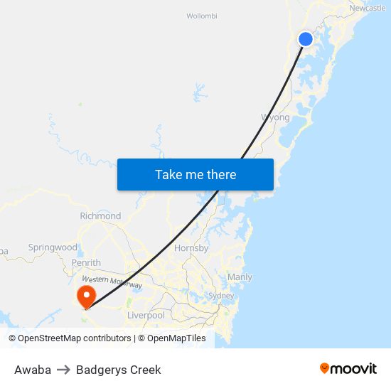 Awaba to Badgerys Creek map