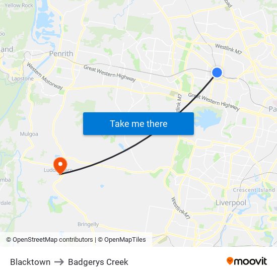 Blacktown to Badgerys Creek map