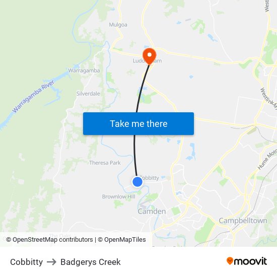 Cobbitty to Badgerys Creek map