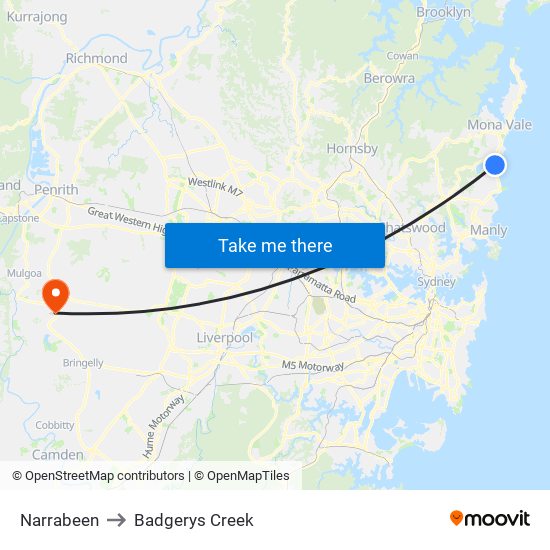 Narrabeen to Badgerys Creek map