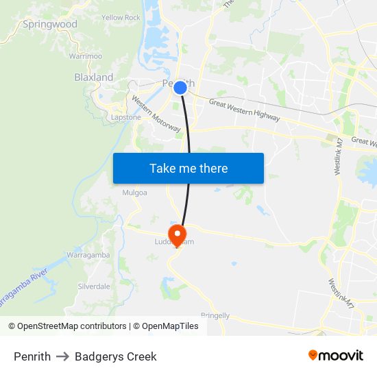 Penrith to Badgerys Creek map