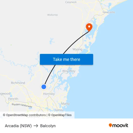 Arcadia (NSW) to Balcolyn map