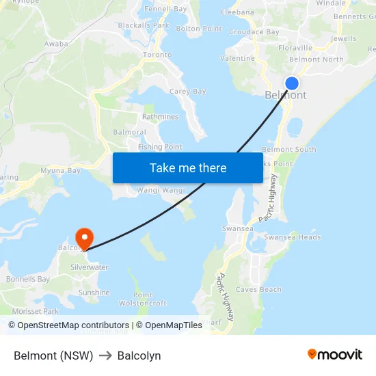 Belmont (NSW) to Balcolyn map
