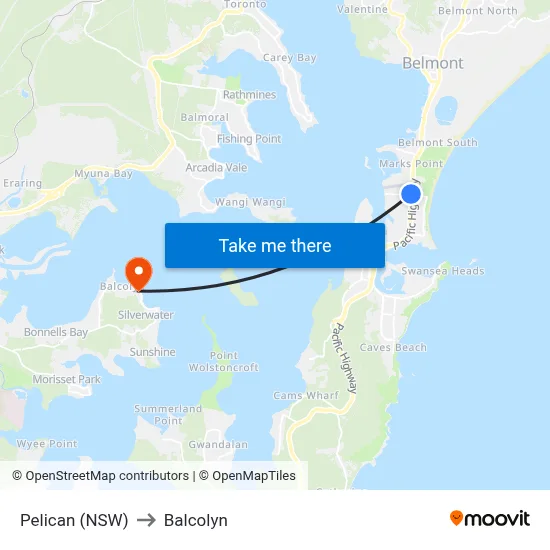 Pelican (NSW) to Balcolyn map