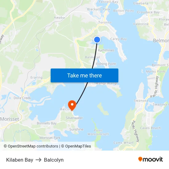 Kilaben Bay to Balcolyn map